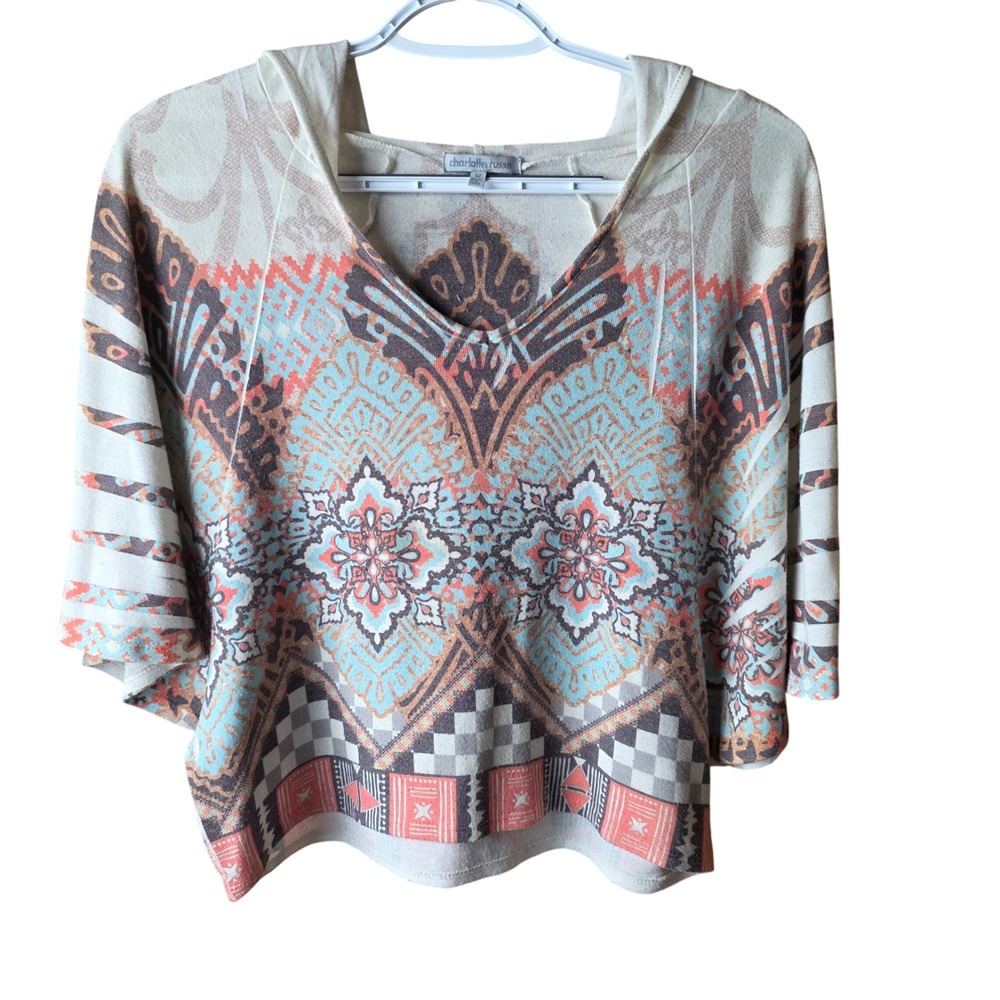 Charlotte Russe Hooded Knit Top Women's Medium Boho Tribal Print 3/4 Sleeve